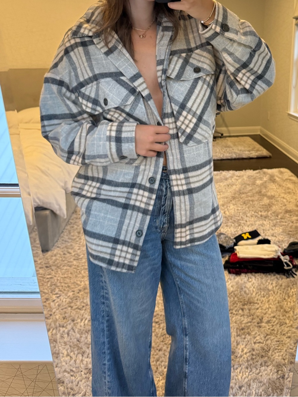 Zara Gray and Cream Plaid Teddy Shacket